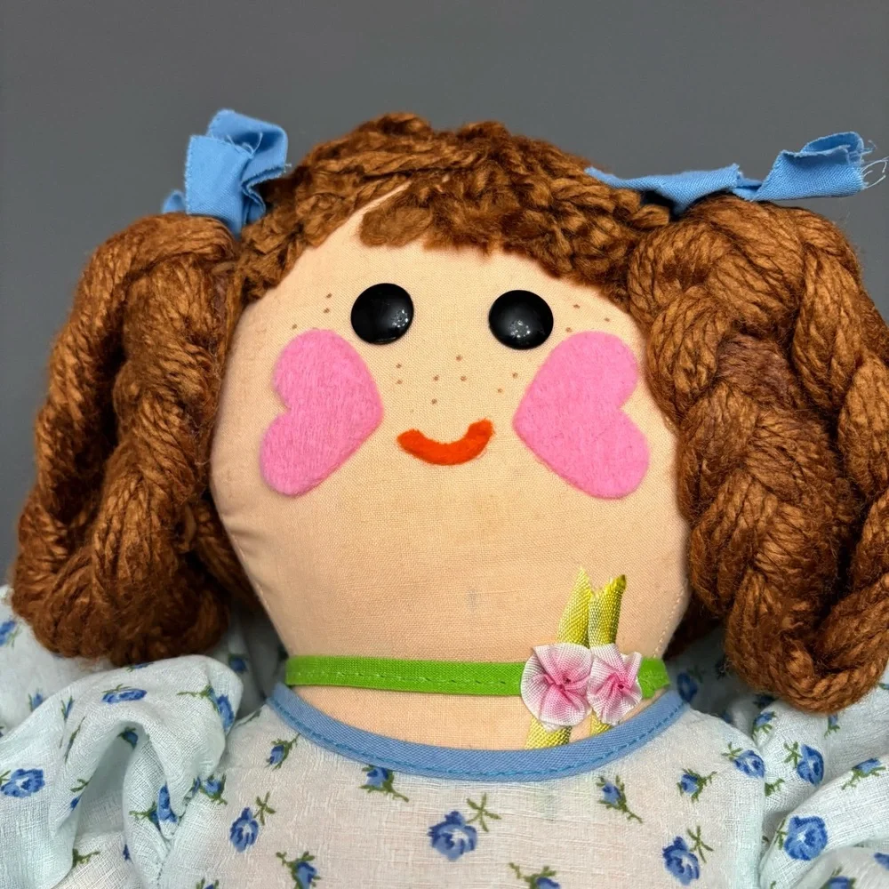 Vintage Handmade Cloth Doll Rag Doll Folk Art Blue Dress Slip Bloomers Yarn Hair